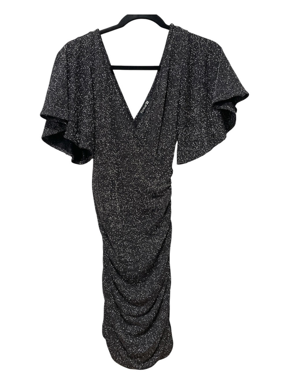 Forever 21 Black Glitter V-Neck Ruched Midi Dress with Flutter Sleeves